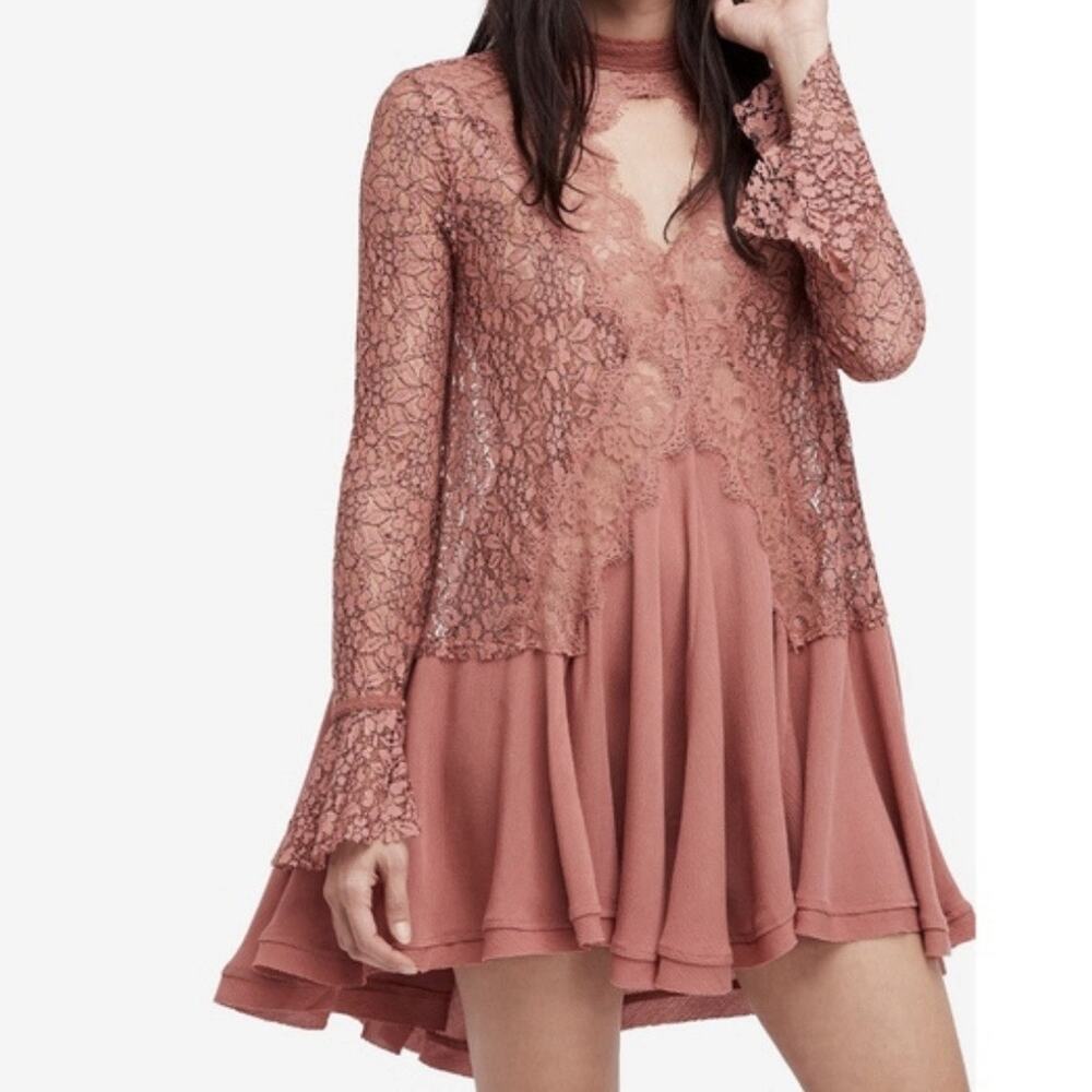 Free People XS Tell Tale Cutout Lace Tunic Dress Dusty Mauv Boho Fairy